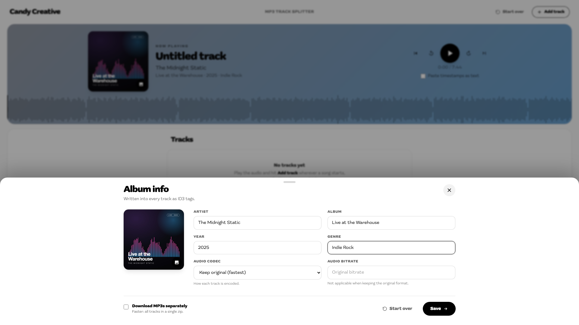Album info drawer with cover art and codec