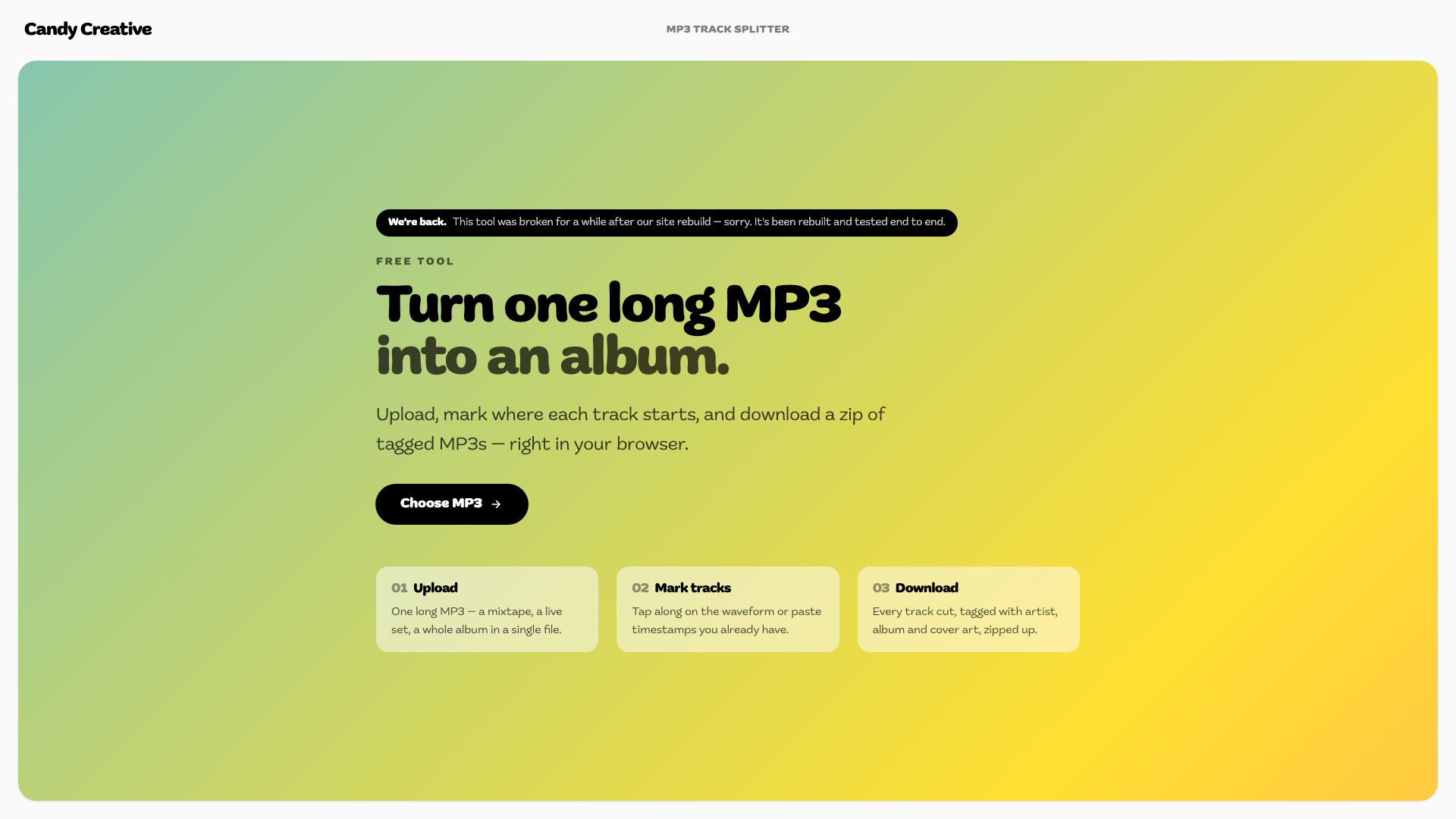 MP3 Track Splitter landing screen