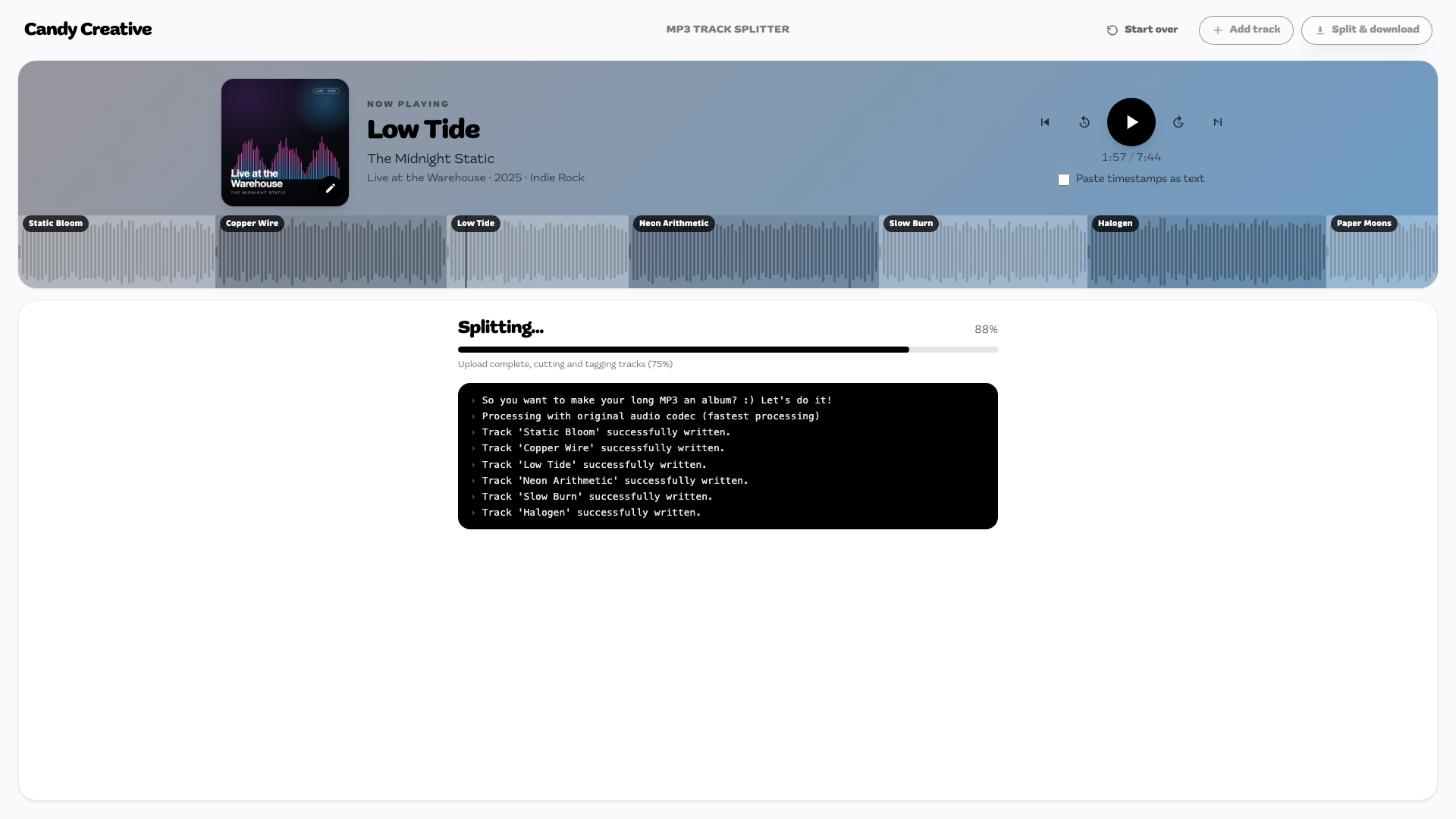 Live processing progress and log