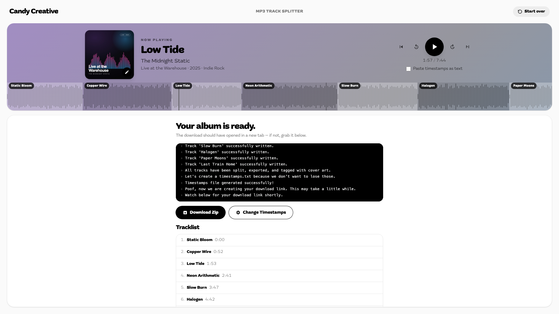Finished album with zip download and tracklist
