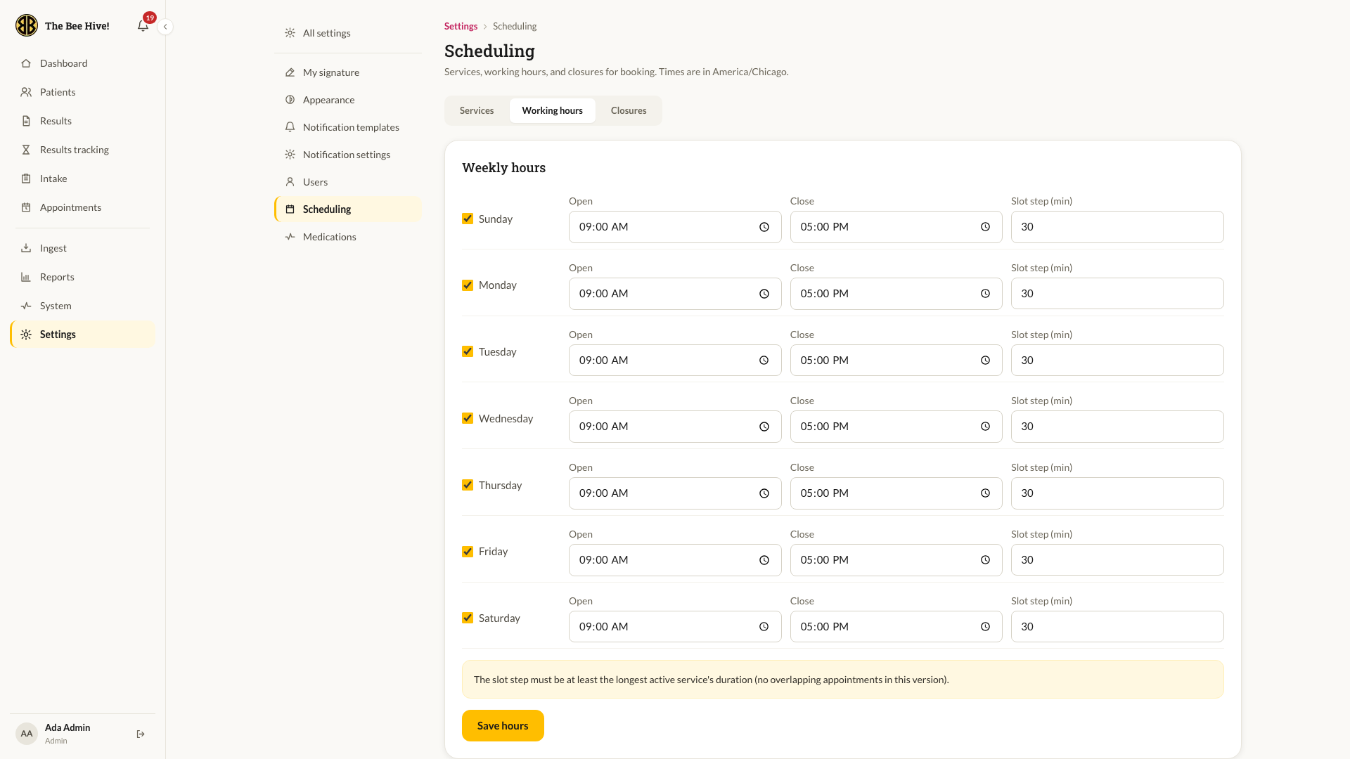 Scheduling settings, weekly working hours
