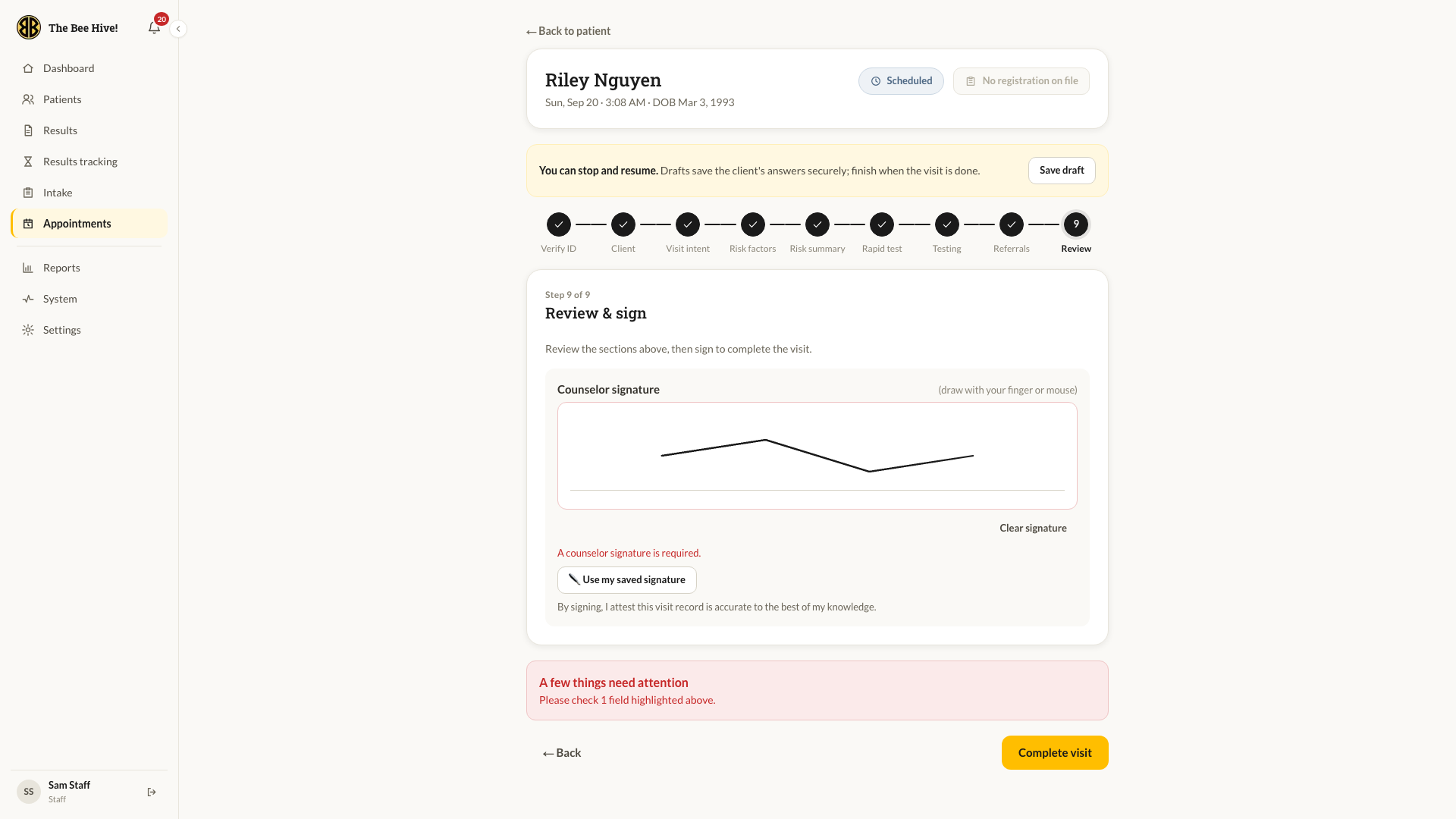 Visit form, review and sign step